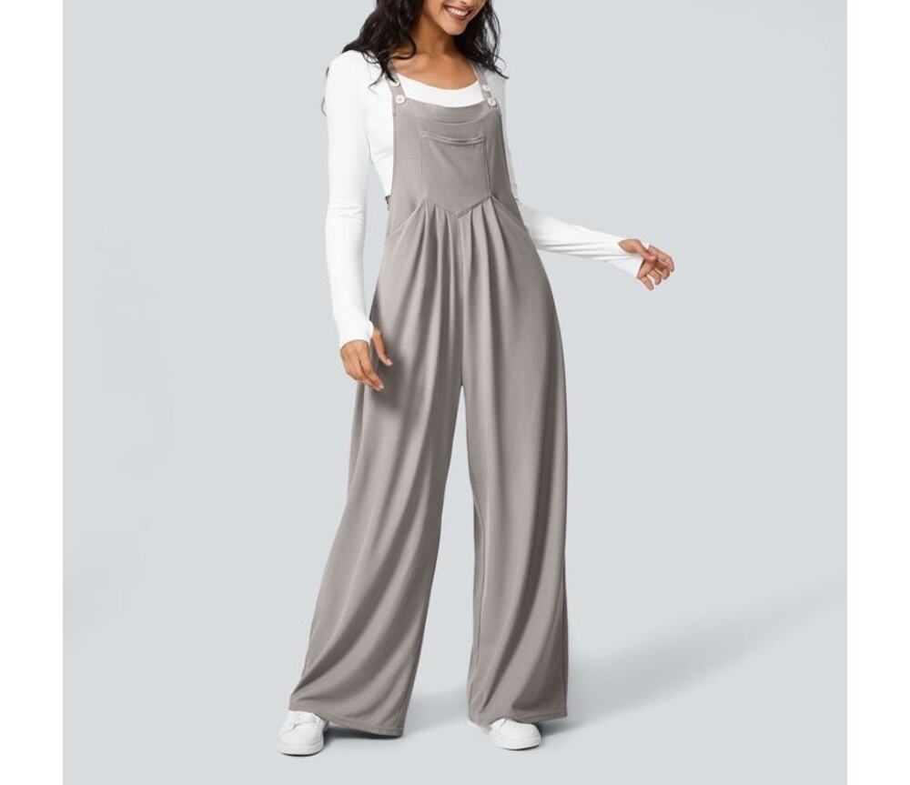 Halara Pockets Waffle Casual Overalls Wide Leg Womens XL Gray Jumpsuit Bib